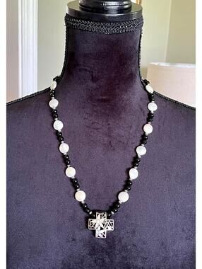 Black Beaded Necklace with Mother of Pearl Beads and Cross Pendant